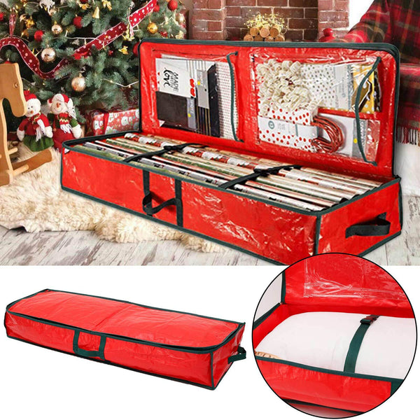 Red wrapping paper storage bag by a Christmas tree with strap and handle close-ups
