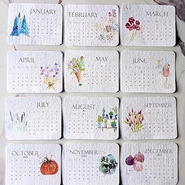 Twelve plantable calendar cards with watercolour flower illustrations