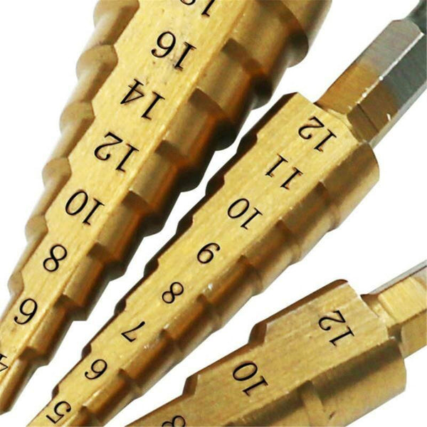 3pcs NEW HSS Steel Step Cone Drill Titanium Bit Set Hole Cutter 3/12mm 4-12/20mm