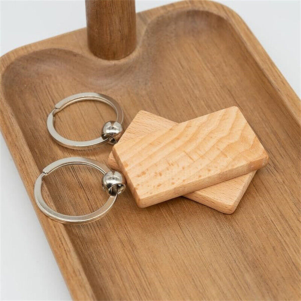 10Pcs Blank Rectangle Wooden Key Chain DIY Wood Keyrings Key Tags Friends Gifts