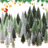 Mini Christmas trees 30 pack, bottle brush trees in green and silver with wooden bases