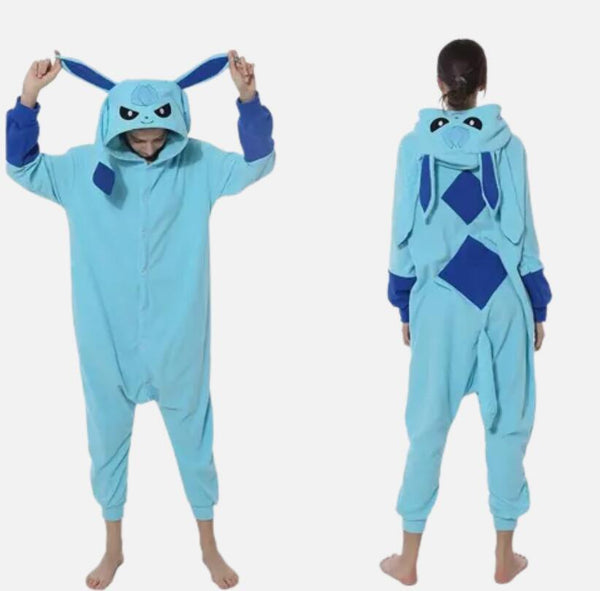 Ice Blue Fox kigurumi onesie, front and back view
