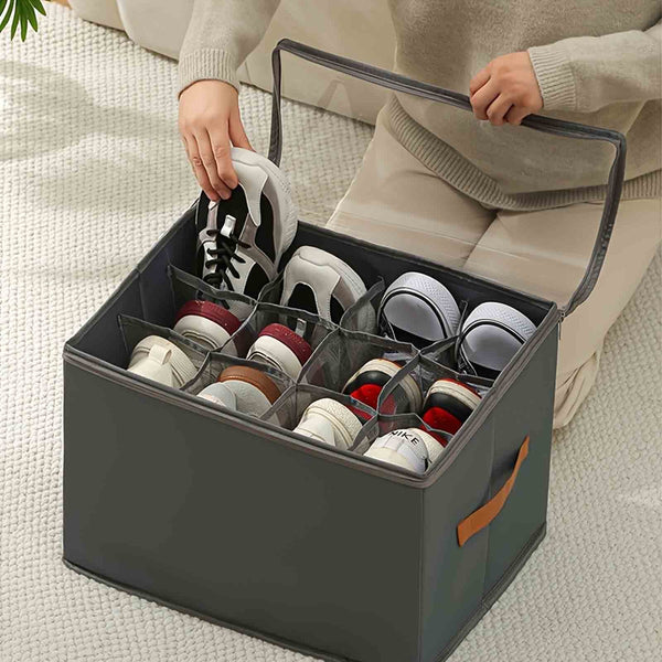 Foldable Fabric Shoe Storage Box with 12 Dividers | Black Closet Organizer