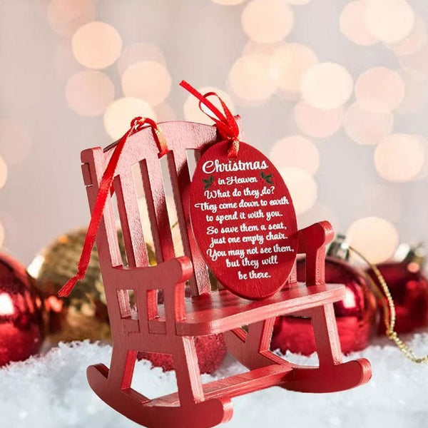 Memorial rocking chair ornament with Christmas in Heaven tag
