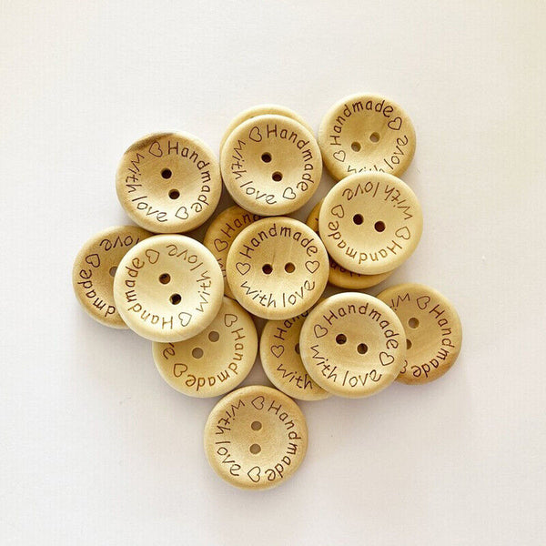 100PCS Natural Wooden Button Craft Sewing DIY Handmade With Love Wooden Buttons