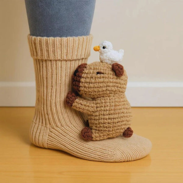Novelty animal slipper socks showing the 3D knitted animal on the ankle