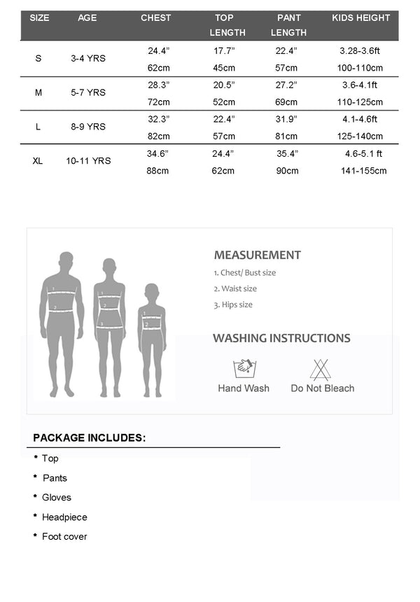 Kids sheep costume size chart, S to XL