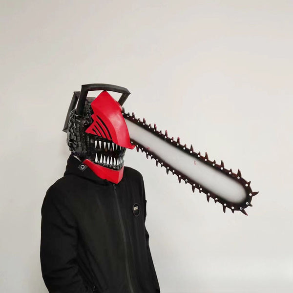 Chainsaw devil mask side view with dark helmet back