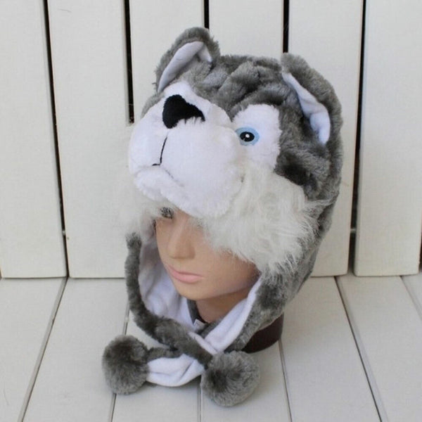 Dog Hat Dress Up Warm Plush Winter Adults Kids Snow Wolf Animal Costume Beanie