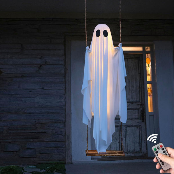 5ft hanging swing ghost Halloween decoration lit up at night