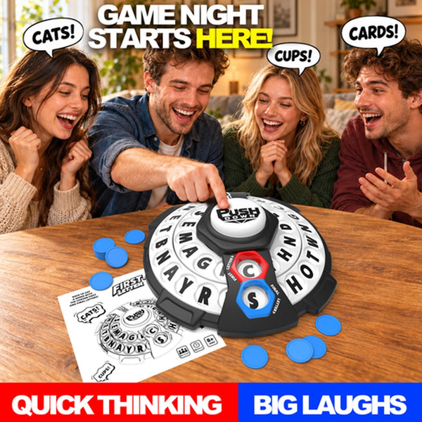 Friends playing the family board game at a table, calling out words like CATS and CUPS