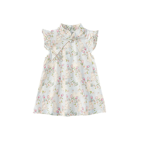 Summer Girls Cheongsam Dress | Stand Collar Flying Sleeve Rabbit Print Qipao