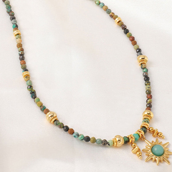 Vintage Colourful Beaded Necklace for Women with Turquoise Sun Pendant Fashion