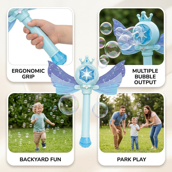 Bubble wand ergonomic grip and multiple bubble output, shown in backyard and park play