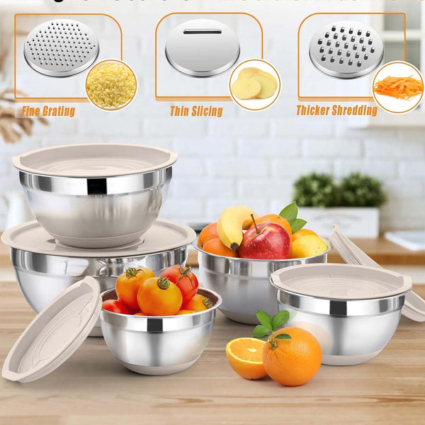 5 Piece Stainless Steel Mixing Bowl Set with Airtight Lids, Graters and Silicone Tongs – Kitchen Prep and Storage Set