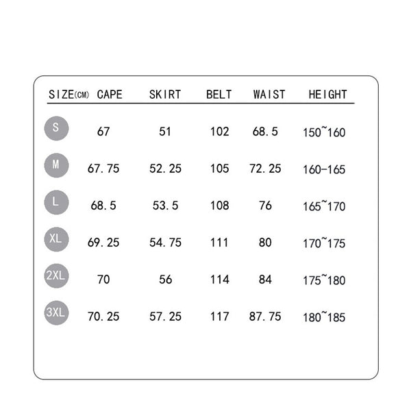 Womens cape costume size guide - S to 3XL, heights 150 to 185cm, waist, cape, skirt and belt lengths