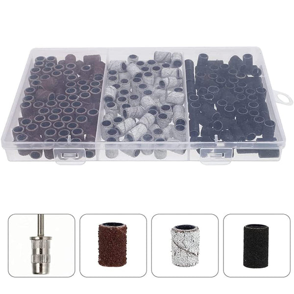 210PCS Sanding Bands 3 Colours 80/120/180 Nail Drill Machines Filing Bits + Boxs