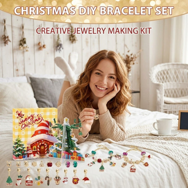 Christmas DIY bracelet set jewellery making kit with charms laid out on a bed