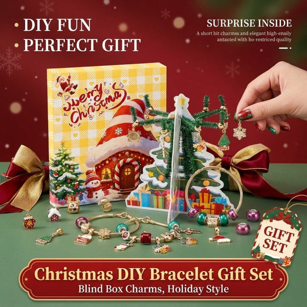 Christmas DIY bracelet gift set with blind box charms on a red background