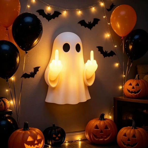 Halloween Ghost Middle Finger Glowing Night Light – Resin Spooky Desk Lamp
