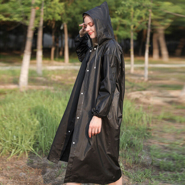 Waterproof EVA Raincoat Long Hooded Rain Jacket Unisex Outdoor Rainwear Black