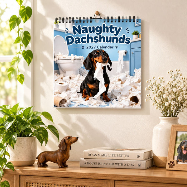 Dachshund calendar hanging above a shelf with a dachshund figurine