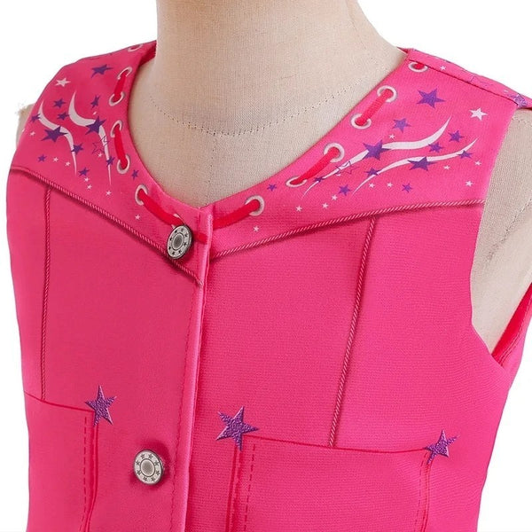 Barbie cowgirl costume pink top close-up – star and pocket detail