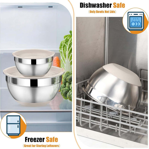 5 Piece Stainless Steel Mixing Bowl Set with Airtight Lids, Graters and Silicone Tongs – Kitchen Prep and Storage Set