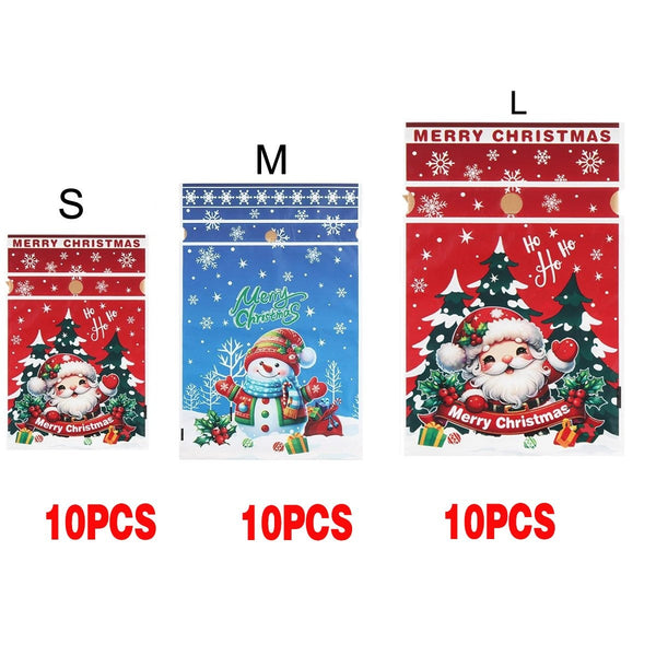 Mixed size pack B: 10 small Santa, 10 medium Snowman and 10 large Santa Christmas gift bags