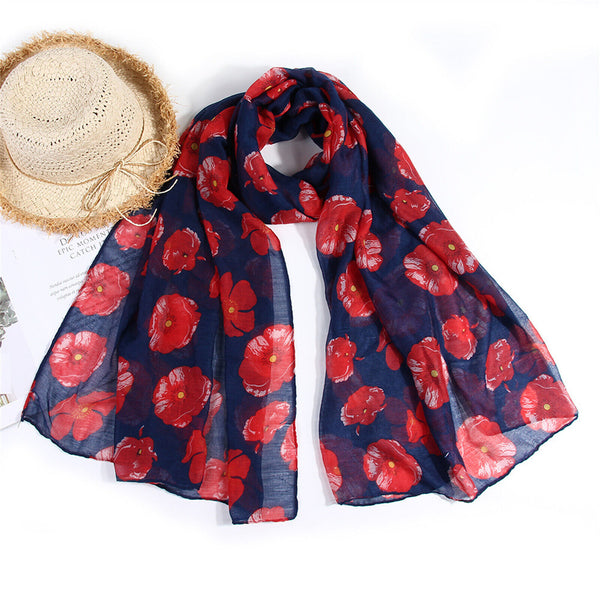 Women Ladies Poppy Print Floral Scarf Remembrance Day Poppies Scarves Wrap Shawl