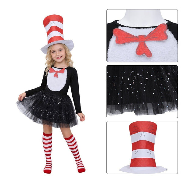 Kids The Cat in The Hat Cosplay Dr.Seuss Costume Cat Outfit Set Girls TUTU Dress