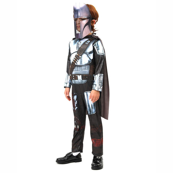 Child in full Mandalorian costume with helmet and cape – Star Wars