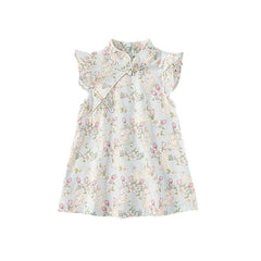 Summer Girls Cheongsam Dress | Stand Collar Flying Sleeve Rabbit Print Qipao
