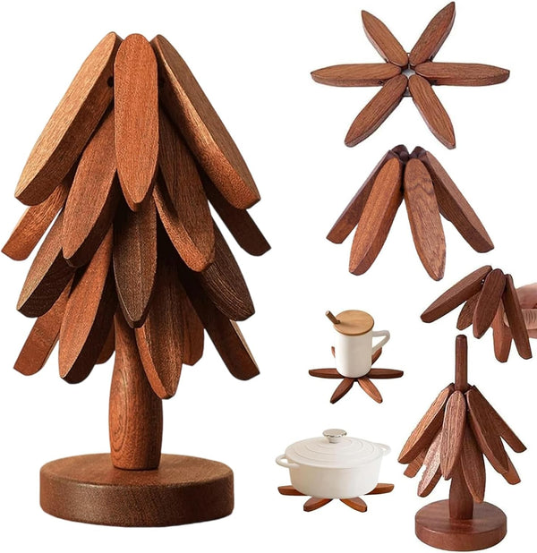 Walnut Christmas tree trivet set with 4 trivets on the stand