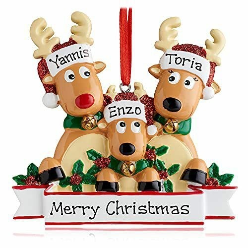 Reindeer family ornament for 3 names with Merry Christmas banner
