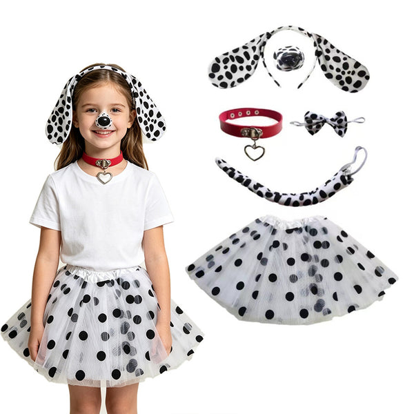 Girl wearing 101 Dalmatians costume - spotted tutu, ears headband, tail and red heart choker - Lets Party