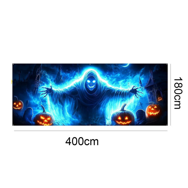 Halloween garage door cover grommet and ribbon tie hanging detail