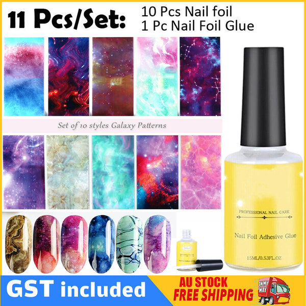 Set of 10 Styles Galaxy Marble Transfer Foil Paper Star Glue Nail Art Stickers