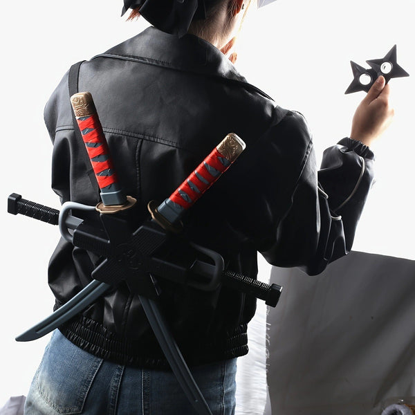 Child wearing back harness with twin katana swords for Book Week ninja dress up