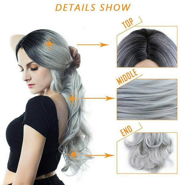 Long Ombre Grey Wavy Synthetic Wig Heat Resistant Lace Front Women's Wig