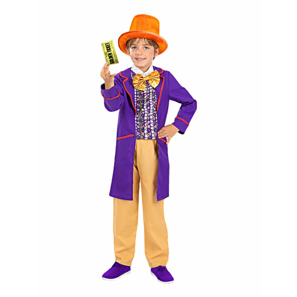 Back view of the purple Willy Wonka tailcoat kids costume