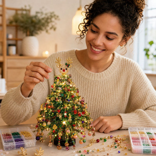 Making a beaded Christmas tree with reindeer topper at a table