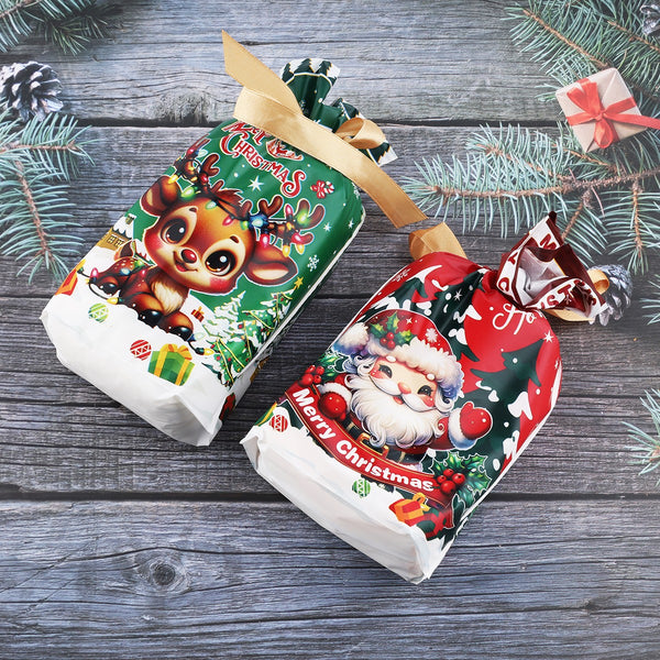 Reindeer and Santa Christmas treat bags tied with gold ribbon