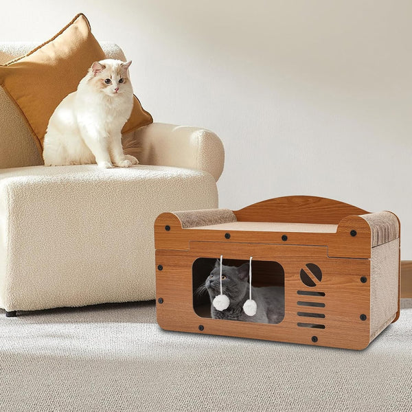 Cat Cardboard House Scratcher Cat Climbing Hideaway Play House with Hanging Ball