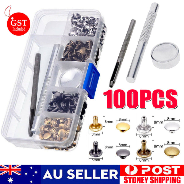 100X Leather Rivets Tool Double Cap Fixing Kit Belt Repair DIY Craft Metal Stud