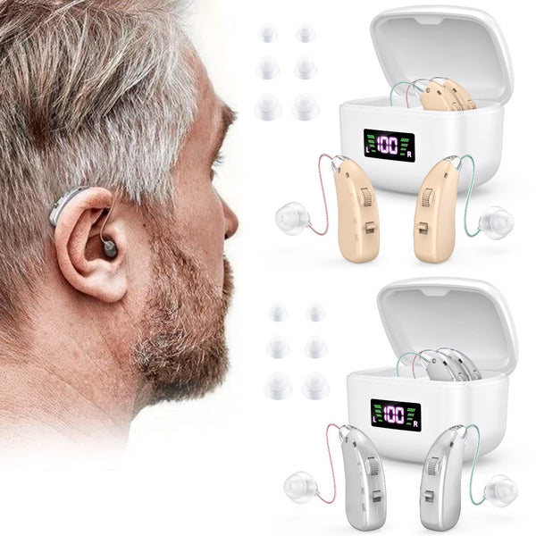 Rechargeable hearing aids pair with portable LED charging case - behind-the-ear sound amplifiers - Lets Party