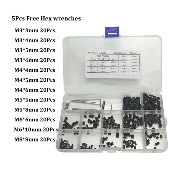 240x M3/M4/M5/M6/M8 Carbon-Steel Hex Socket Set Grub240 Piece Hex Socket Grub Screw Assortment Kit with 5 Hex Keys – Carbon Steel Set Screws M3 M4 M5 M6 M8 Screws Kit+5Pcs Hex Keys
