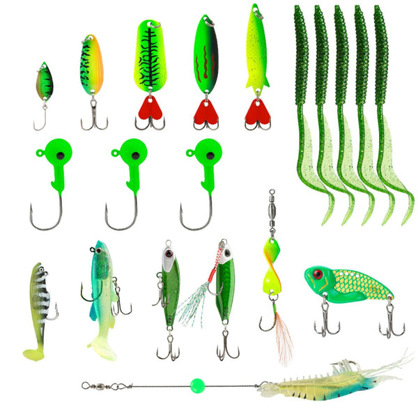Fishing advent calendar lure set with green spoons, jig heads, soft plastic worms and a shrimp rig