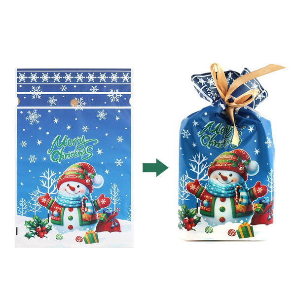 Snowman Christmas gift bag flat, then tied closed with the ribbon drawstring