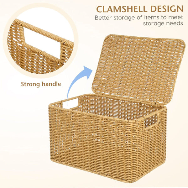 Storage Box Bedroom Organizer Faux Rattan Woven Basket with Lid Home Storage